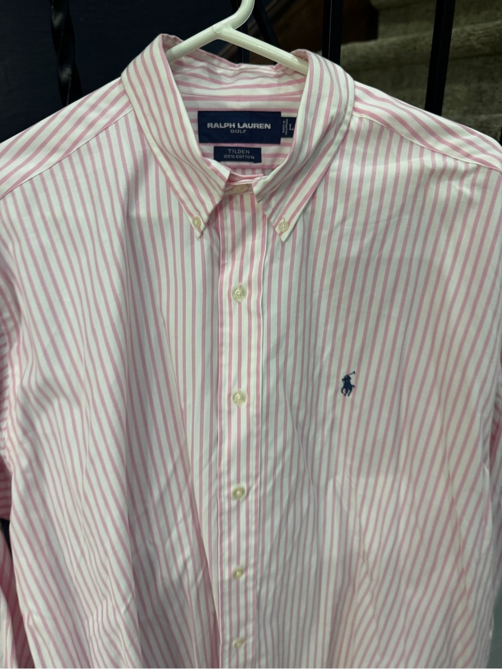 NEW Large Ralph Lauren Golf Polo Pink and White Striped Button-Down Shirt